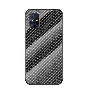 For Samsung Galaxy M31s Gradient Carbon Fiber Texture TPU Border Tempered Glass Case(Black Fiber)