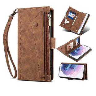 For Samsung Galaxy S21+ 5G Retro Frosted Horizontal Flip Leather Case with Holder & Card Slot & Wallet & Zipper Pocket & Lanyard(Brown)