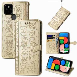For Google Pixel 5a 5G Lovely Cat and Dog Embossing Pattern Horizontal Flip Leather Case , with Holder & Card Slots & Wallet & Cartoon Clasp & Lanyard(Gold)