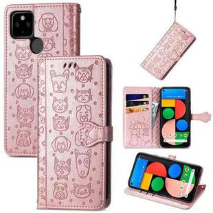 For Google Pixel 5a 5G Lovely Cat and Dog Embossing Pattern Horizontal Flip Leather Case , with Holder & Card Slots & Wallet & Cartoon Clasp & Lanyard(Rose Gold)