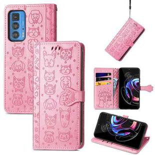 For Motorola Edge 20 Pro Lovely Cat and Dog Embossing Pattern Horizontal Flip Leather Case , with Holder & Card Slots & Wallet & Cartoon Clasp & Lanyard(Pink)