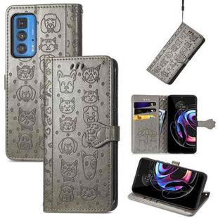 For Motorola Edge 20 Pro Lovely Cat and Dog Embossing Pattern Horizontal Flip Leather Case , with Holder & Card Slots & Wallet & Cartoon Clasp & Lanyard(Grey)