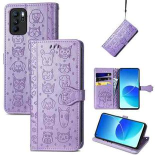 For OPPO Reno6 Z Lovely Cat and Dog Embossing Pattern Horizontal Flip Leather Case , with Holder & Card Slots & Wallet & Cartoon Clasp & Lanyard(Purple)