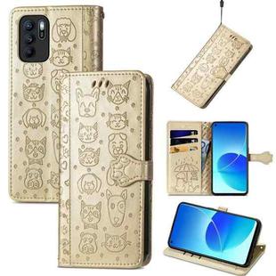 For OPPO Reno6 Z Lovely Cat and Dog Embossing Pattern Horizontal Flip Leather Case , with Holder & Card Slots & Wallet & Cartoon Clasp & Lanyard(Gold)