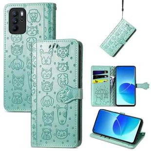 For OPPO Reno6 Z Lovely Cat and Dog Embossing Pattern Horizontal Flip Leather Case , with Holder & Card Slots & Wallet & Cartoon Clasp & Lanyard(Green)