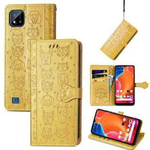 For OPPO Realme C20 Lovely Cat and Dog Embossing Pattern Horizontal Flip Leather Case , with Holder & Card Slots & Wallet & Cartoon Clasp & Lanyard(Yellow)