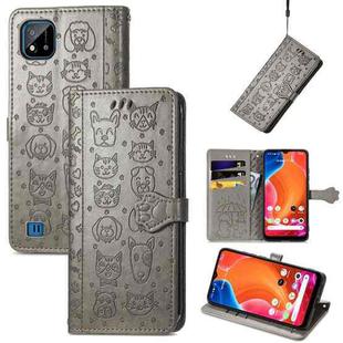 For OPPO Realme C20 Lovely Cat and Dog Embossing Pattern Horizontal Flip Leather Case , with Holder & Card Slots & Wallet & Cartoon Clasp & Lanyard(Grey)