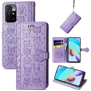 For Xiaomi Redmi 10 Lovely Cat and Dog Embossing Pattern Horizontal Flip Leather Case , with Holder & Card Slots & Wallet & Cartoon Clasp & Lanyard(Purple)