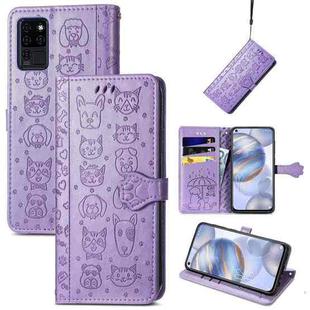 For Oukitel C21 Lovely Cat and Dog Embossing Pattern Horizontal Flip Leather Case , with Holder & Card Slots & Wallet & Cartoon Clasp & Lanyard(Purple)
