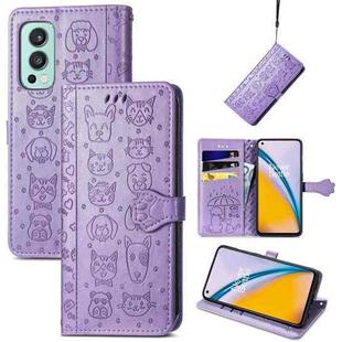 For OnePlus Nord 2 5G Lovely Cat and Dog Embossing Pattern Horizontal Flip Leather Case , with Holder & Card Slots & Wallet & Cartoon Clasp & Lanyard(Purple)