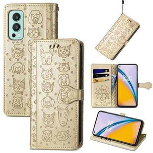 For OnePlus Nord 2 5G Lovely Cat and Dog Embossing Pattern Horizontal Flip Leather Case , with Holder & Card Slots & Wallet & Cartoon Clasp & Lanyard(Gold)
