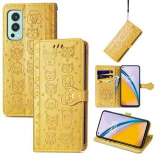 For OnePlus Nord 2 5G Lovely Cat and Dog Embossing Pattern Horizontal Flip Leather Case , with Holder & Card Slots & Wallet & Cartoon Clasp & Lanyard(Yellow)