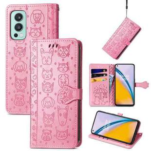 For OnePlus Nord 2 5G Lovely Cat and Dog Embossing Pattern Horizontal Flip Leather Case , with Holder & Card Slots & Wallet & Cartoon Clasp & Lanyard(Pink)