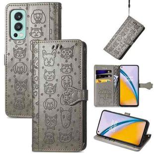 For OnePlus Nord 2 5G Lovely Cat and Dog Embossing Pattern Horizontal Flip Leather Case , with Holder & Card Slots & Wallet & Cartoon Clasp & Lanyard(Grey)