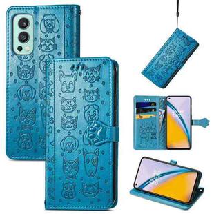 For OnePlus Nord 2 5G Lovely Cat and Dog Embossing Pattern Horizontal Flip Leather Case , with Holder & Card Slots & Wallet & Cartoon Clasp & Lanyard(Blue)
