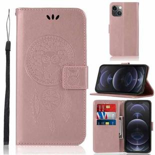 For iPhone 13 Wind Chime Owl Embossing Pattern Horizontal Flip Leather Case with Holder & Card Slots & Wallet(Rose Gold)