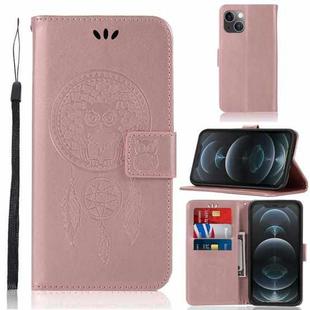 For iPhone 13 mini Wind Chime Owl Embossing Pattern Horizontal Flip Leather Case with Holder & Card Slots & Wallet (Rose Gold)