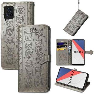 For Vivo iQOO 7 Lovely Cat and Dog Embossing Pattern Horizontal Flip Leather Case , with Holder & Card Slots & Wallet & Cartoon Clasp & Lanyard(Grey)