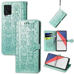 For Vivo iQOO 7 Lovely Cat and Dog Embossing Pattern Horizontal Flip Leather Case , with Holder & Card Slots & Wallet & Cartoon Clasp & Lanyard(Green)
