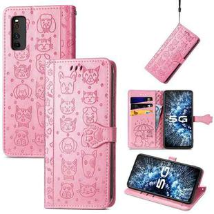 For Vivo iQOO Neo3 Lovely Cat and Dog Embossing Pattern Horizontal Flip Leather Case , with Holder & Card Slots & Wallet & Cartoon Clasp & Lanyard(Pink)