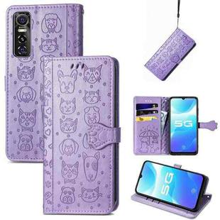 For Vivo S7e 5G Lovely Cat and Dog Embossing Pattern Horizontal Flip Leather Case , with Holder & Card Slots & Wallet & Cartoon Clasp & Lanyard(Purple)