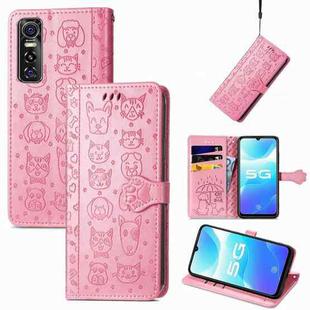For Vivo S7e 5G Lovely Cat and Dog Embossing Pattern Horizontal Flip Leather Case , with Holder & Card Slots & Wallet & Cartoon Clasp & Lanyard(Pink)