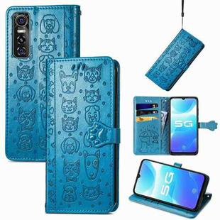 For Vivo S7e 5G Lovely Cat and Dog Embossing Pattern Horizontal Flip Leather Case , with Holder & Card Slots & Wallet & Cartoon Clasp & Lanyard(Blue)