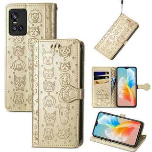 For Vivo S10 Pro Lovely Cat and Dog Embossing Pattern Horizontal Flip Leather Case , with Holder & Card Slots & Wallet & Cartoon Clasp & Lanyard(Gold)