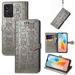 For Vivo S10 Lovely Cat and Dog Embossing Pattern Horizontal Flip Leather Case , with Holder & Card Slots & Wallet & Cartoon Clasp & Lanyard(Grey)