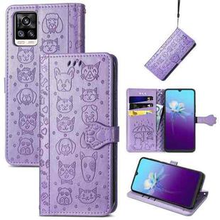 For V20 2021 Lovely Cat and Dog Embossing Pattern Horizontal Flip Leather Case , with Holder & Card Slots & Wallet & Cartoon Clasp & Lanyard(Purple)