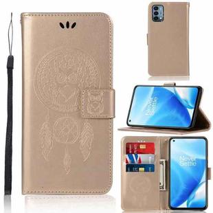 For OnePlus Nord N200 5G Wind Chime Owl Embossing Pattern Horizontal Flip Leather Case with Holder & Card Slots & Wallet(Gold)