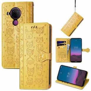 For Nokia 5.4 Lovely Cat and Dog Embossing Pattern Horizontal Flip Leather Case , with Holder & Card Slots & Wallet & Cartoon Clasp & Lanyard(Yellow)