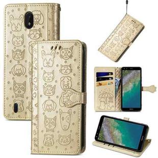 For Nokia C01 Plus Lovely Cat and Dog Embossing Pattern Horizontal Flip Leather Case , with Holder & Card Slots & Wallet & Cartoon Clasp & Lanyard(Gold)