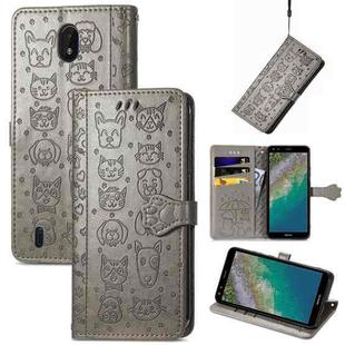 For Nokia C01 Plus Lovely Cat and Dog Embossing Pattern Horizontal Flip Leather Case , with Holder & Card Slots & Wallet & Cartoon Clasp & Lanyard(Grey)