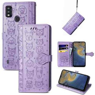 For ZTE A51 Lovely Cat and Dog Embossing Pattern Horizontal Flip Leather Case , with Holder & Card Slots & Wallet & Cartoon Clasp & Lanyard(Purple)