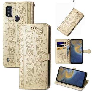 For ZTE A51 Lovely Cat and Dog Embossing Pattern Horizontal Flip Leather Case , with Holder & Card Slots & Wallet & Cartoon Clasp & Lanyard(Gold)