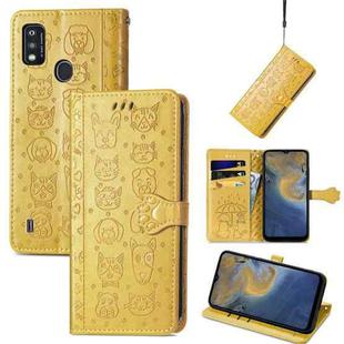 For ZTE A51 Lovely Cat and Dog Embossing Pattern Horizontal Flip Leather Case , with Holder & Card Slots & Wallet & Cartoon Clasp & Lanyard(Yellow)