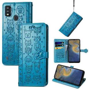 For ZTE A51 Lovely Cat and Dog Embossing Pattern Horizontal Flip Leather Case , with Holder & Card Slots & Wallet & Cartoon Clasp & Lanyard(Blue)