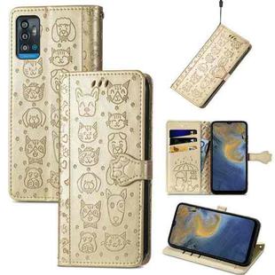 For ZTE A71 Lovely Cat and Dog Embossing Pattern Horizontal Flip Leather Case , with Holder & Card Slots & Wallet & Cartoon Clasp & Lanyard(Gold)