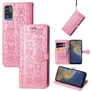 For ZTE A71 Lovely Cat and Dog Embossing Pattern Horizontal Flip Leather Case , with Holder & Card Slots & Wallet & Cartoon Clasp & Lanyard(Pink)