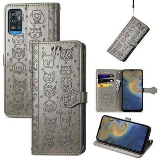 For ZTE A71 Lovely Cat and Dog Embossing Pattern Horizontal Flip Leather Case , with Holder & Card Slots & Wallet & Cartoon Clasp & Lanyard(Grey)