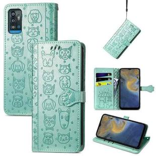 For ZTE A71 Lovely Cat and Dog Embossing Pattern Horizontal Flip Leather Case , with Holder & Card Slots & Wallet & Cartoon Clasp & Lanyard(Green)