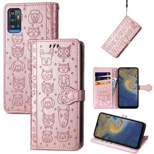 For ZTE A71 Lovely Cat and Dog Embossing Pattern Horizontal Flip Leather Case , with Holder & Card Slots & Wallet & Cartoon Clasp & Lanyard(Rose Gold)