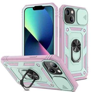 For iPhone 13 mini Sliding Camera Cover Design TPU + PC Protective Case with 360 Degree Rotating Holder & Card Slot (Pink+Green)