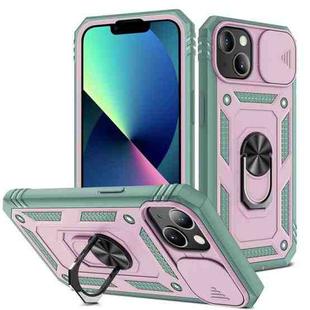 For iPhone 13 mini Sliding Camera Cover Design TPU + PC Protective Case with 360 Degree Rotating Holder & Card Slot (Grey Green+Pink)