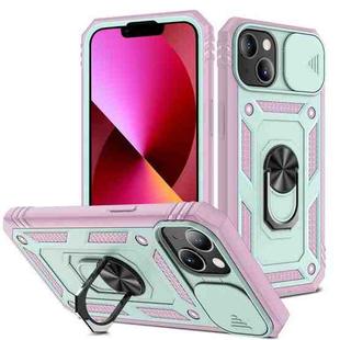 For iPhone 13 Sliding Camera Cover Design TPU + PC Protective Case with 360 Degree Rotating Holder & Card Slot(Pink+Green)