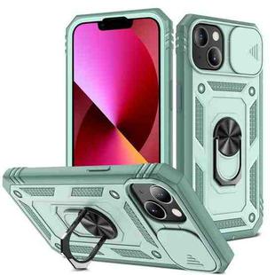 For iPhone 13 Sliding Camera Cover Design TPU + PC Protective Case with 360 Degree Rotating Holder & Card Slot(Grey Green+Grey Green)