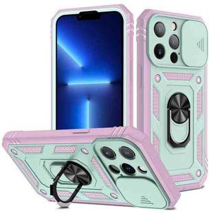 For iPhone 13 Pro Sliding Camera Cover Design TPU + PC Protective Case with 360 Degree Rotating Holder & Card Slot (Pink+Green)
