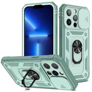 For iPhone 13 Pro Sliding Camera Cover Design TPU + PC Protective Case with 360 Degree Rotating Holder & Card Slot (Grey Green+Grey Green)