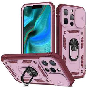 For iPhone 13 Pro Max Sliding Camera Cover Design TPU + PC Protective Case with 360 Degree Rotating Holder & Card Slot (Pink+Dark Red)